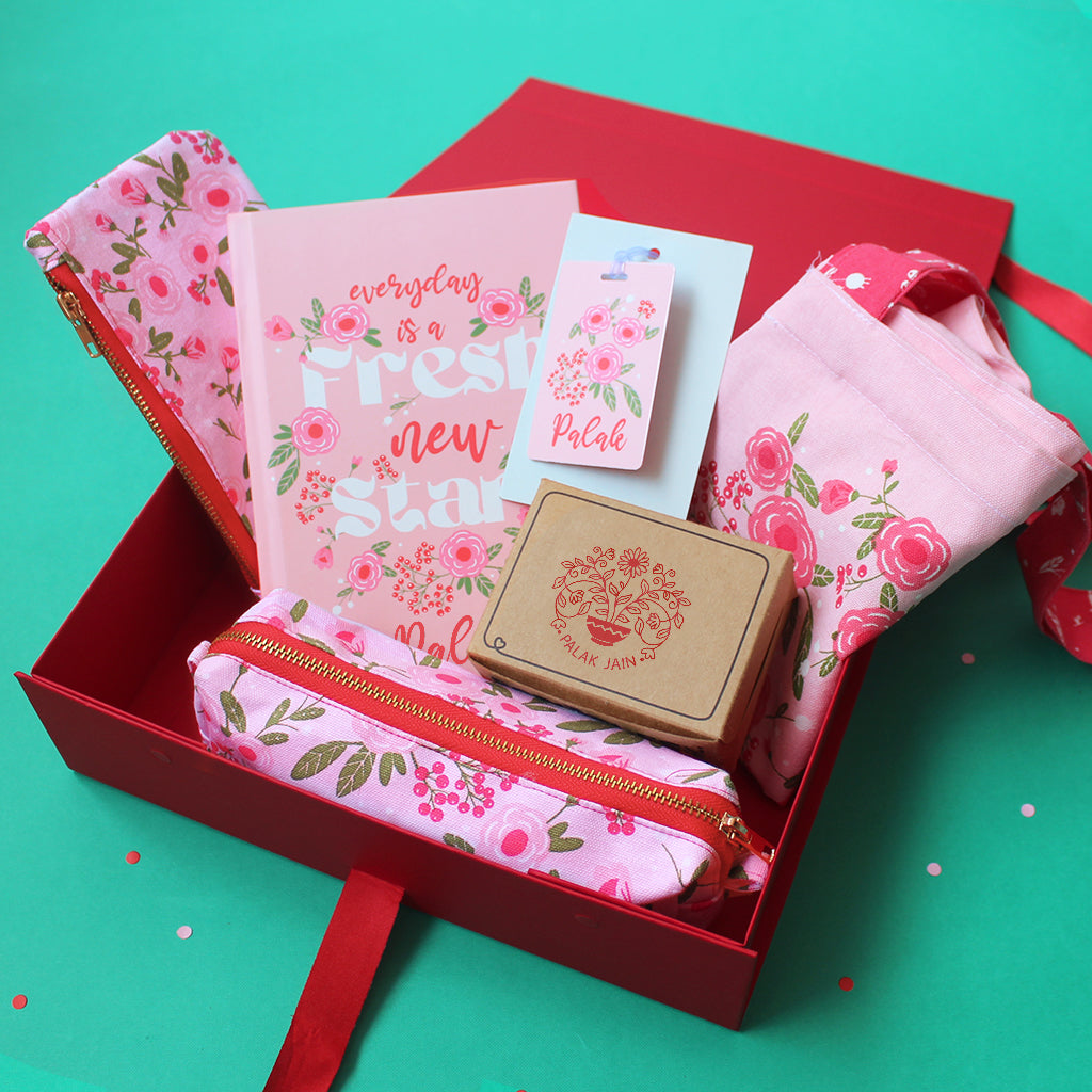 Spring-Flowers Themed Personalised Stationery Gift Hamper - Pink