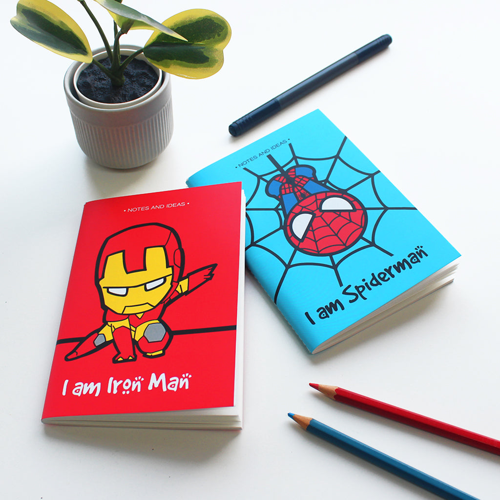 Iron Man & Spiderman Superhero Themed A6 Blank Pocket Notepads 60 Pages (Set of 2)