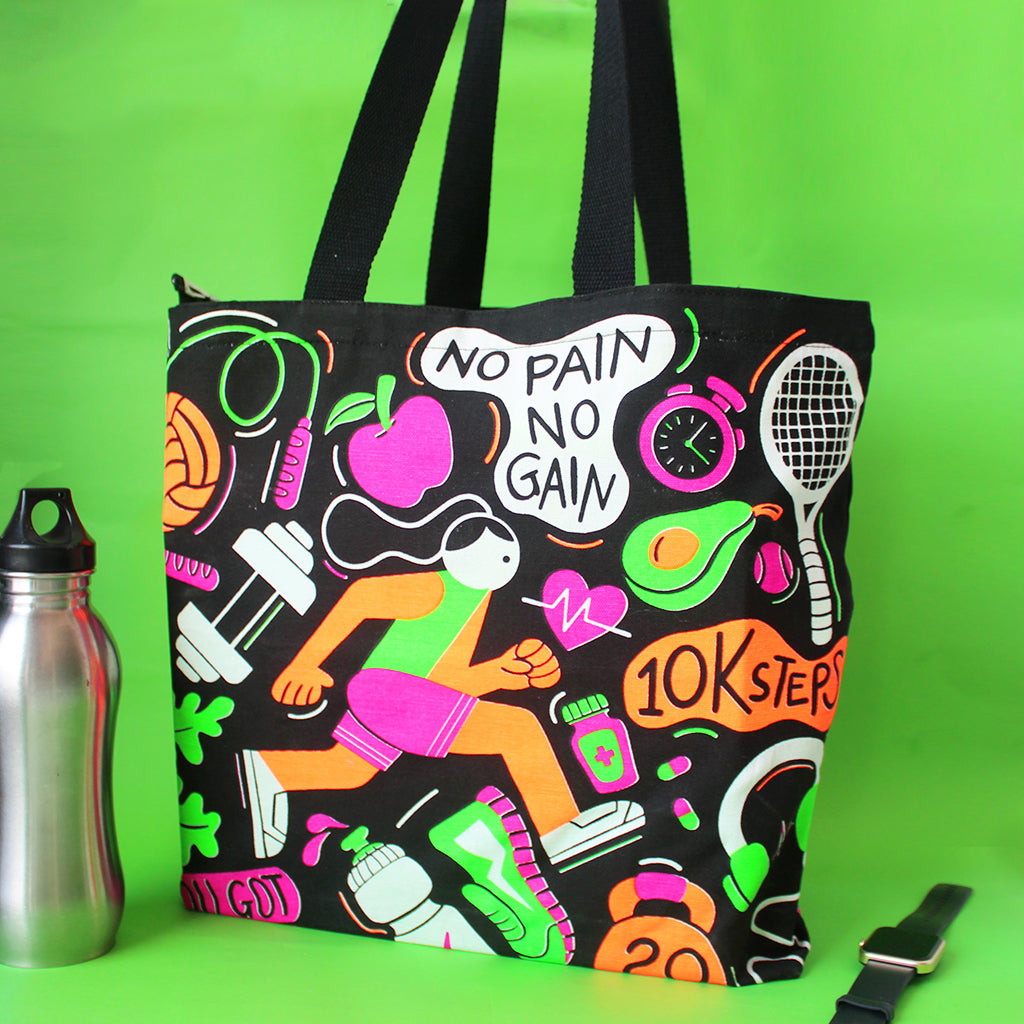 Illustrated Canvas Zippered Tote Bag With Waterproof Lining - Fitness
