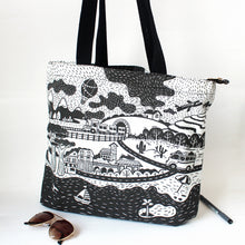 Load image into Gallery viewer, Illustrated Canvas Zippered Tote Bag With Waterproof Lining - Travel (Charcoal)
