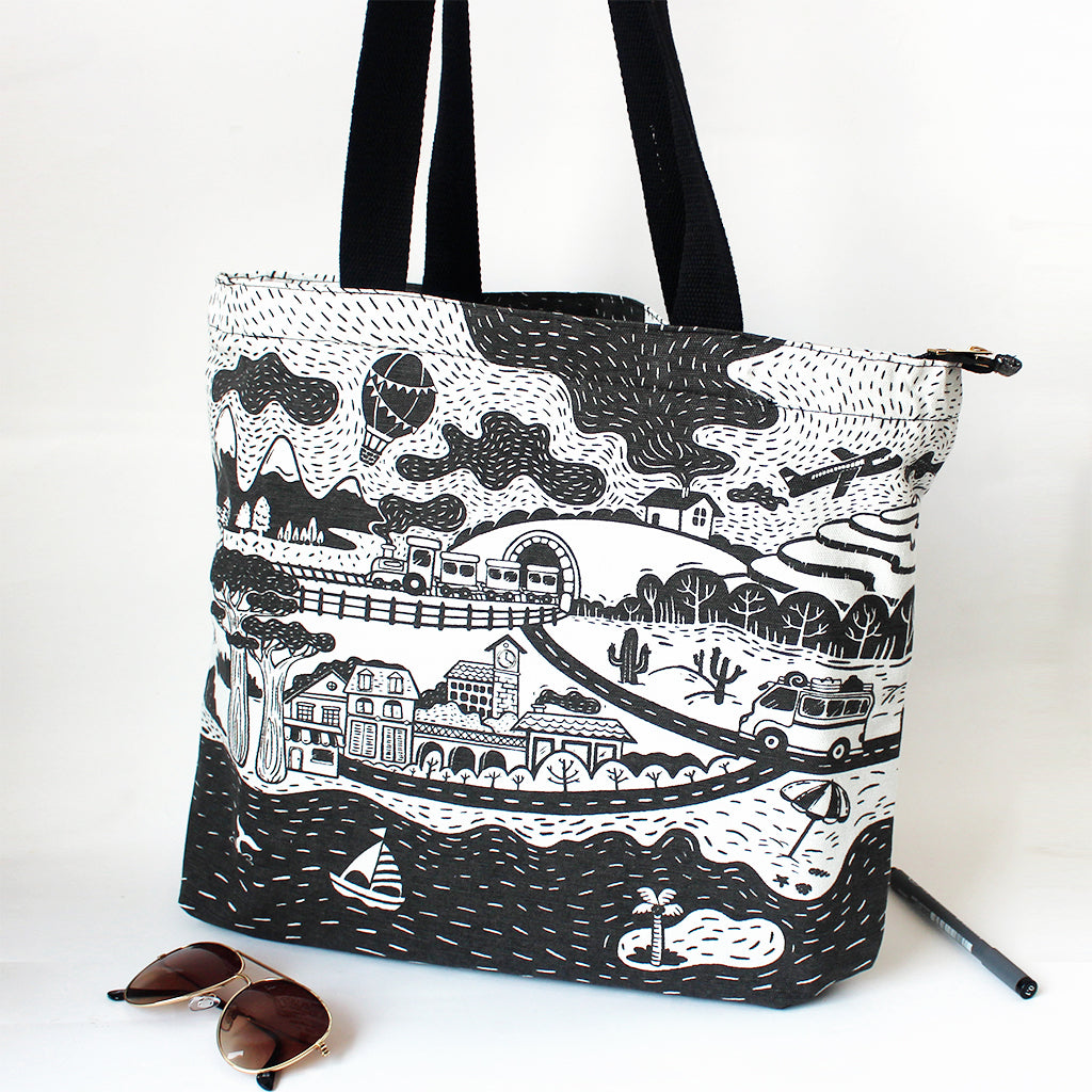 Illustrated Canvas Zippered Tote Bag With Waterproof Lining - Travel (Charcoal)