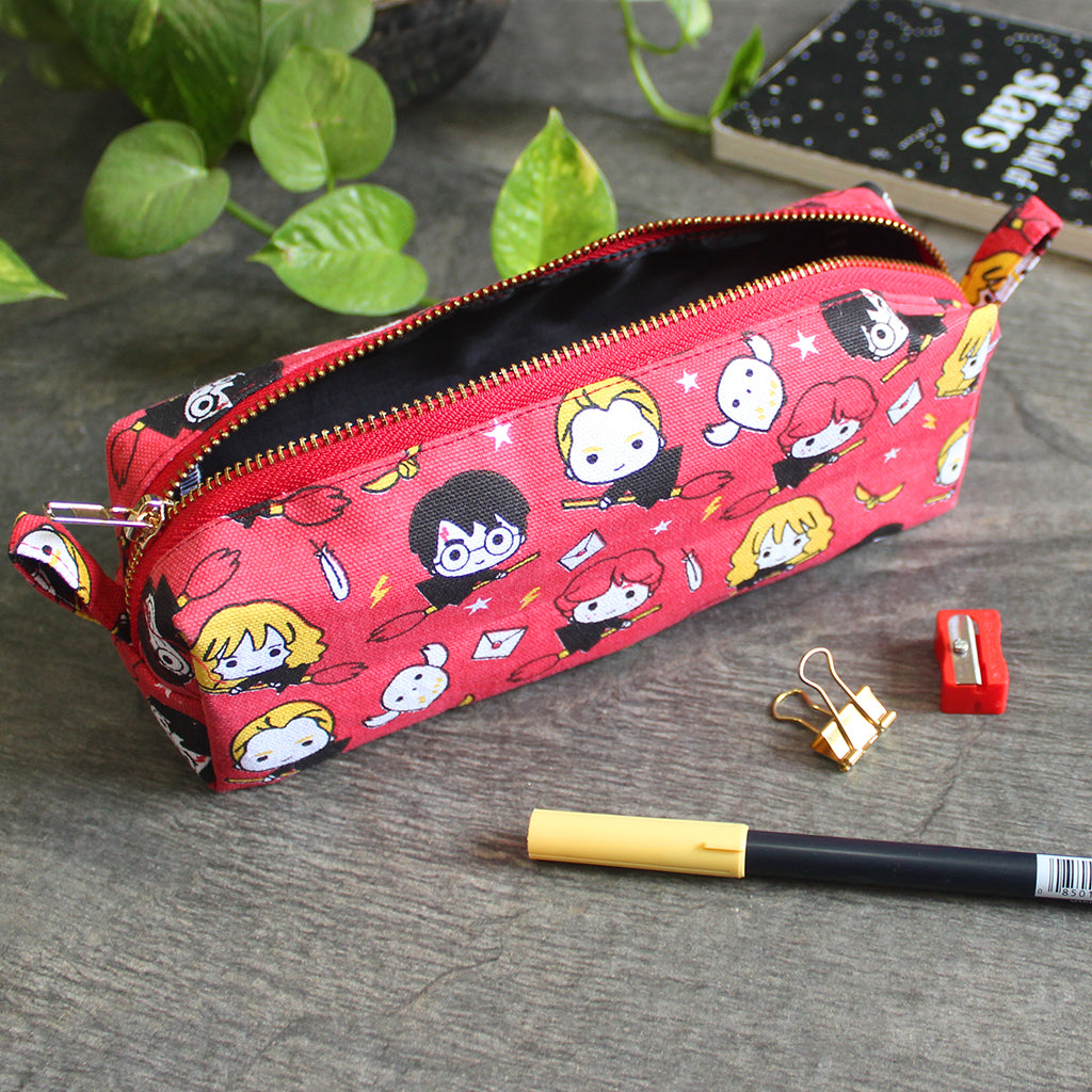 Canvas Zippered Box Pouch with Waterproof Lining - Multipurpose, Stationery Pouch, Accessories Pouch, Makeup Pouch - Harry Potter Chibi