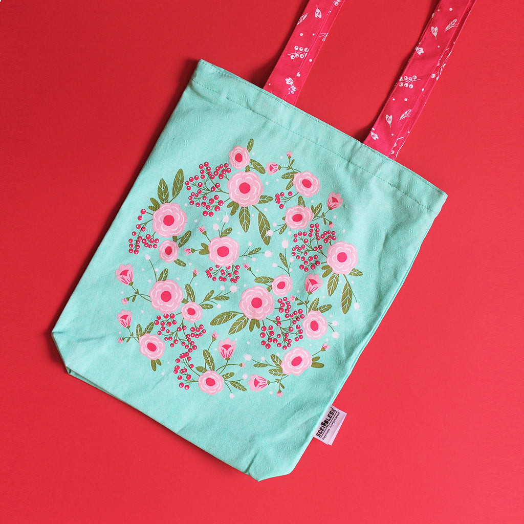 Illustrated Front/Back Canvas Zippered Tote Bag - Spring Flower - Green ...