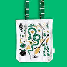 Load image into Gallery viewer, Official Harry Potter Illustrated Front/Back Canvas Zippered Tote Bag  - Slytherin (Can be Personalised)

